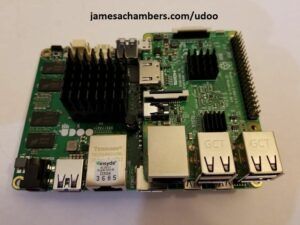 Udoo X86 with a Raspberry Pi 3 stacked on top of it for size comparison